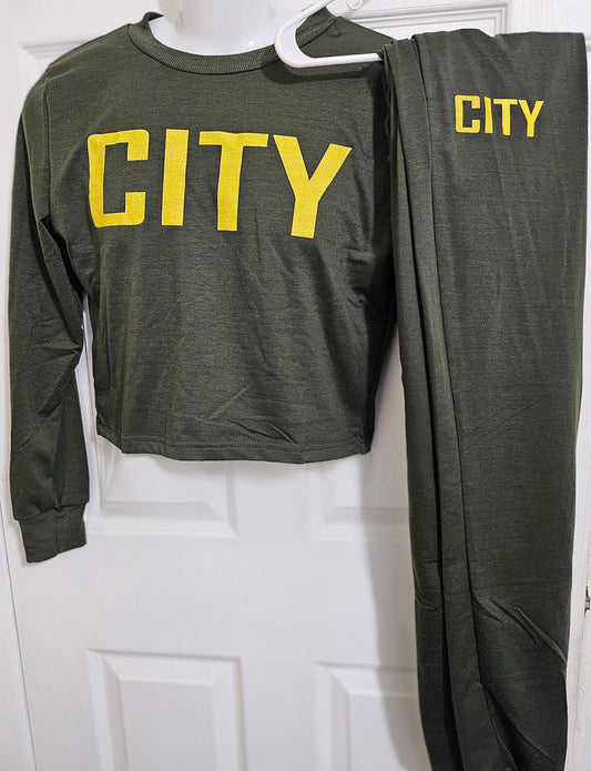 City Women's 2pc Bodycon Sweatsuit Army Green and Yellow by City Stud's LLC