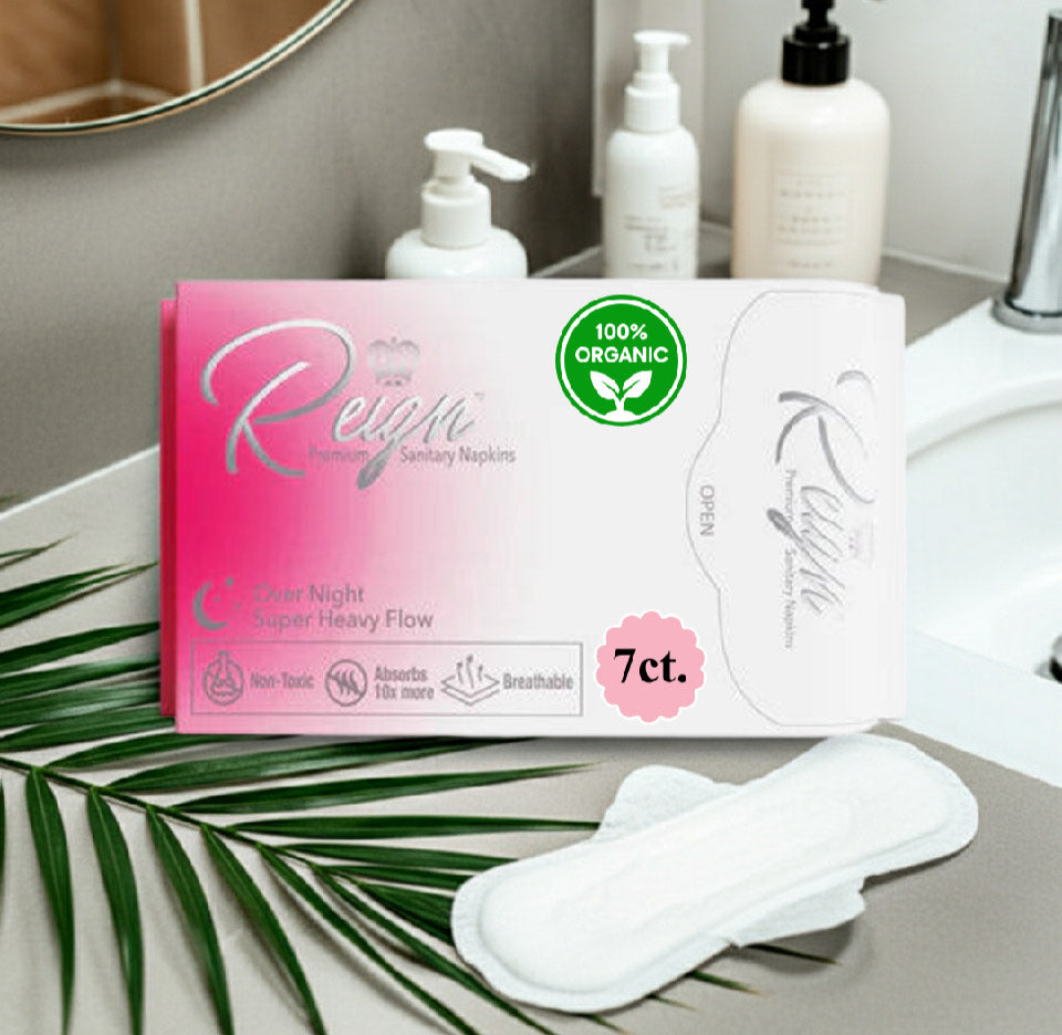 Reign Premium Sanitary Napkins Super Heavy Flow Overnight Maxi Pads with Wings 7 Count
